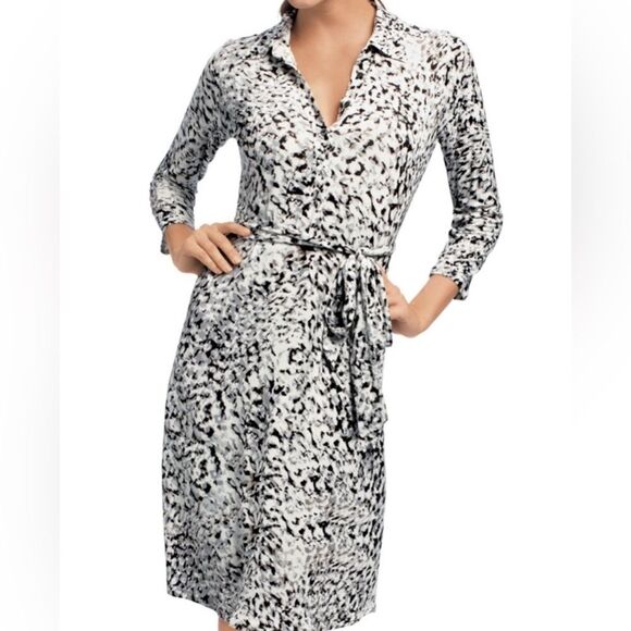 Cabi Animal Leopard Print Collar V Neck Button Down Shirt Dress L *Missing Belt - Picture 1 of 6